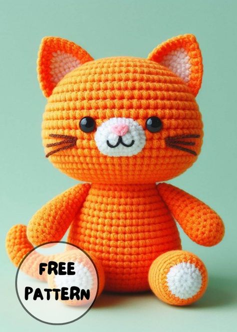 Free Crochet Orange Cat Amigurumi Pattern Crochet Cat Applique, Cat Applique Designs, Diy Crochet Animals, Yarn Projects Crochet, Crochet Orange, Cat Applique, Animal Crochet, Crochet Cat Pattern, Beginners Crochet