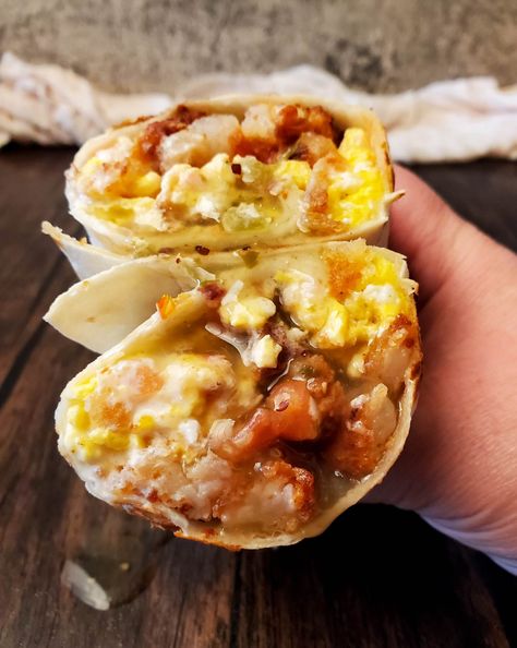 Bacon Breakfast Burrito! - She's Got The Cooks Bacon Breakfast Burritos, Fried Mashed Potato Balls, Homestyle Potatoes, Egg Burrito, Cheesy Scrambled Eggs, Garbanzo Beans Salad, Tillamook Cheese, Restaurant Style Salsa, Cheesy Eggs