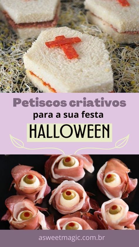 Nessa postagem reuni várias Inspirações de Comidas criativas e temáticas para o Halloween, petiscos, bebidas e também lembrancinhas! Acesse, clicando na imagem! #halloween #halloweenfesta #halloweencomida #halloweendecoração #halloweenfood #halloweendecor #halloweenparty Recetas Halloween Faciles, Doce Halloween, Halloween Apatizers, Halloween Heathy Snacks, Comidas Halloween, Memes Halloween, Halloween Sandwiches, Halloween Ideias, Halloween Food Snacks