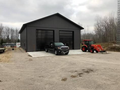 Backyard Workshop Buildings, Black Metal Garage Buildings, Black Metal Shop Building, Metal Pole Barn Garage, Black Metal Garage, Metal Garage Ideas, Black Pole Barns, Black Metal Shop, Shop Must Haves