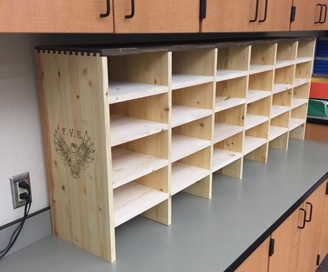 Classroom Wall Shelves, Classroom Mailbox Ideas Diy, Classroom Diy Furniture, Preschool Cubbies Ideas, Classroom Mailboxes Diy, Classroom Cubby Ideas, Diy Classroom Cubbies, Classroom Mailbox, Cubby Diy