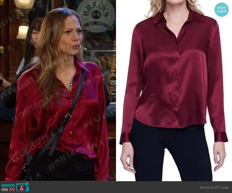 Ava’s red button down satin shirt on Days of our Lives.  Outfit Details: https://wornontv.net/445525/ Lilly Singh, Housewives Of Atlanta, Housewives Of New York, Housewives Of Beverly Hills, Queen Shirts, Jennifer Hudson, Satin Shirt, Days Of Our Lives, Sleeveless Floral Dress