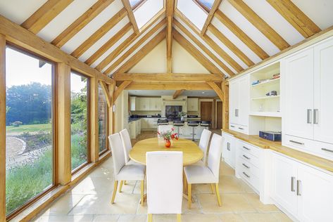 #dining #diningarea #light #spacious #traditional #nature #countryside #beautiful #modern #interior #oak #oakframe #diningroom Conservatory Home, Oak Framed Extensions, Oak Framed Buildings, Family Dining Table, Cosy Kitchen, Inglenook Fireplace, Garden Storage Shed, Timber Windows, House Extension Design