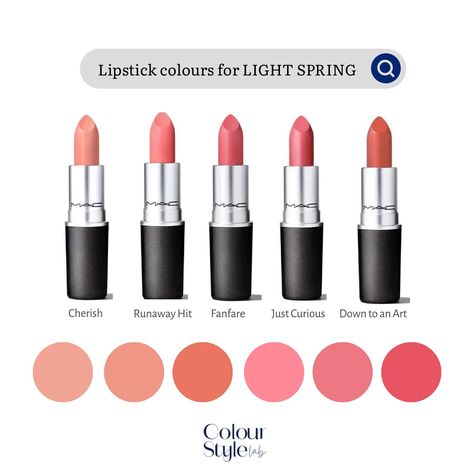 Light Spring lipstick colours range from warm pink over apricot and peach to coral pink. Avoid dark and cool colours. . . . . #lightspring #makeup #coloranalysis #colouranalysis Light Spring Lipstick, Bright Spring Lipstick, True Spring Lipstick, Light Spring Makeup, Sunlit Spring, Spring Lipstick Colors, Warm Pink Lipstick, Clear Spring Palette, Coral Pink Lipstick