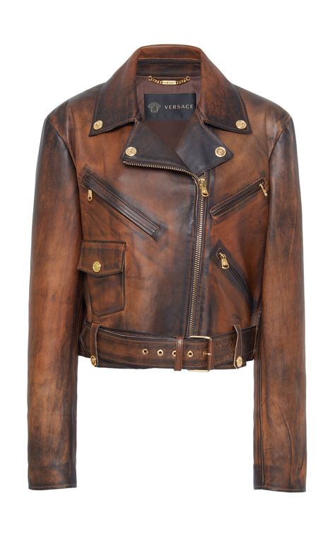 Versace Moda Operandi, Distressed Leather Jacket, Designer Leather Jackets, Versace Fashion, Biker Jackets, Press Tour, Black Friday Promotions, Brown Leather Jacket, Leather Biker Jacket