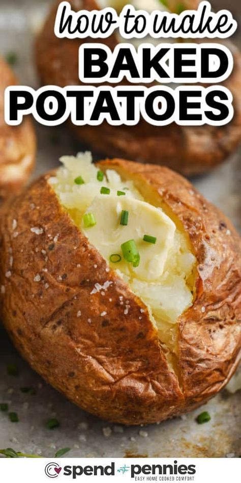 Once you know how to make delicious baked potatoes this will become your go-to recipe. This fail-proof method guarantees the fluffiest baked spuds with perfectly crispy skins. Enjoy this easy side dish by adding a pat of butter and dollop of sour cream, or transform them into a loaded baked potato by stacking them with crispy bacon and melted cheddar. #howtomakebakedpotatoes #bakedpotatoes #howtomakebakedpotatoeswithcrispyskin #spendwithpennies Best Potatoes For Baking, Make Baked Potatoes, Easy Baked Potato, Baked Potato Bar, Best Baked Potato, Perfect Baked Potato, Making Baked Potatoes, Potatoes In Oven, Baked Potato Recipes