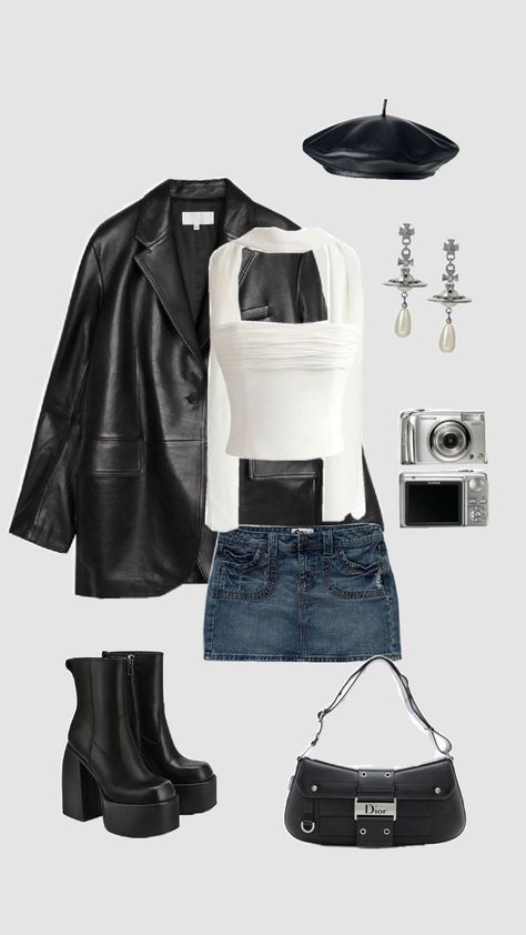 Nyc Fall Going Out Outfits, Black And White Y2k Outfits, Capricorn Rising Aesthetic Outfits, Black Theme Outfit, Black And White Concert Outfit, Black And White Aesthetic Outfit, Outfits Ideas Black, Fashion Magazine Aesthetic, Pop Concert Outfit