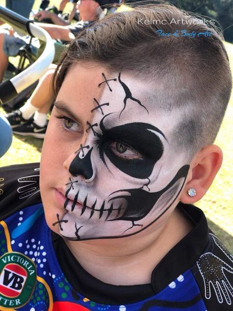 Great skull. Half Painted Skeleton Face, Boy Skull Makeup, Skull Face Paint Kids, Kid Skeleton Face Paint, Boys Halloween Face Paint, Kids Skull Face Paint, Skeleton Face Paint For Kids, Skeleton Face Paint Kids, Skull Face Paint Easy