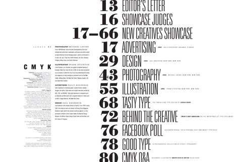 CMYK Magazine :: table.of.contents by Tina Kyusun Lee, via Behance Contents Page Design, Table Of Contents Design, Layout Magazine, Book Layouts, Magazine Design Inspiration, Contents Layout, Magazine Table, Magazine Layouts, Page Layout Design