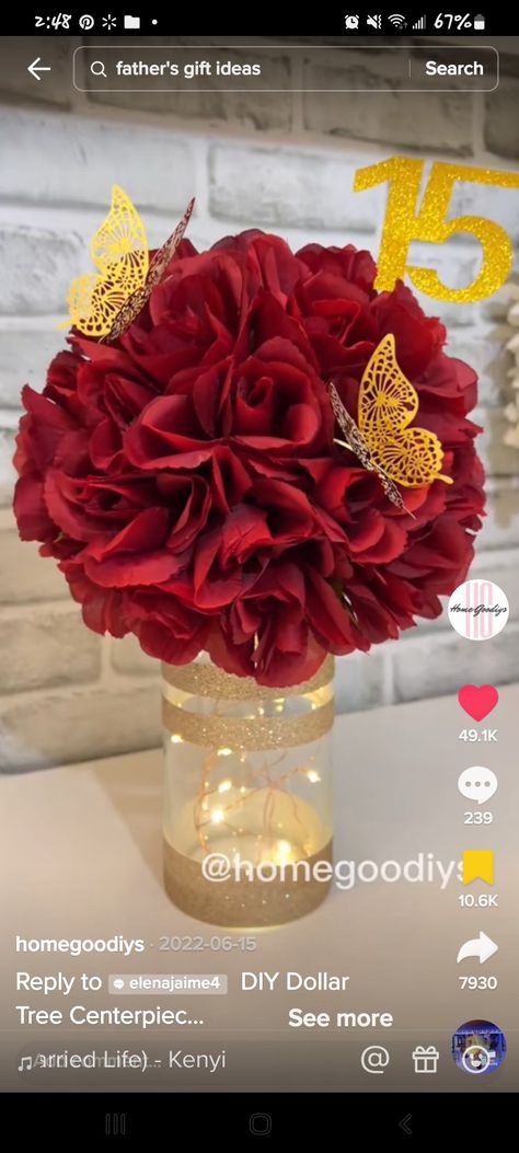 Sweet 15 Centerpieces, Quince Decorations Red, Red And Gold Quinceanera Decorations, Centerpieces For Quinceanera, Butterfly Quince Theme, 21st Birthday Centerpieces, Red Quinceanera Theme, Diy Quinceanera Decorations, Gold Quinceanera Theme