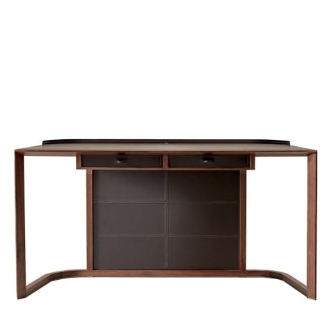 The perfect complement to a home study or office, this writing desk combines an ergonomic character with a clean and timeless aesthetic. Handmade of solid Canaletto walnut, the two drawers and the top are upholstered with leather, available in different colors upon request. Enriched with bronze-lacquered metal details. Please consult the Concierge for available customizations. Interior Design Pieces, Dresser Shelves, Desk Writing, Wallpaper Walls Decor, Craft Desk, Home Study, Outdoor Armchair, Tabletop Accessories, Timeless Aesthetic