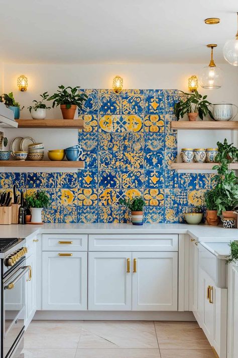 52 Colorful Kitchen Ideas (That'll Make You Want to Ditch White Forever) Kitchen Backsplash Colorful, Orange Kitchen Backsplash, Colorful Kitchen Backsplash Ideas, Backsplash Colorful, Colorful Boho Kitchen, Colorful Kitchen Backsplash, Colorful Eclectic Home, Colorful Kitchen Ideas, Maximalist Kitchen