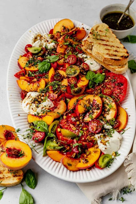 Tomato Peach Burrata Salad Peach Burrata Salad, Peach Caprese Salad, Peach Burrata, Peach Caprese, Stone Fruit Salad, Burrata Recipe, Salad With Balsamic Dressing, Caprese Salad Recipe, Burrata Salad