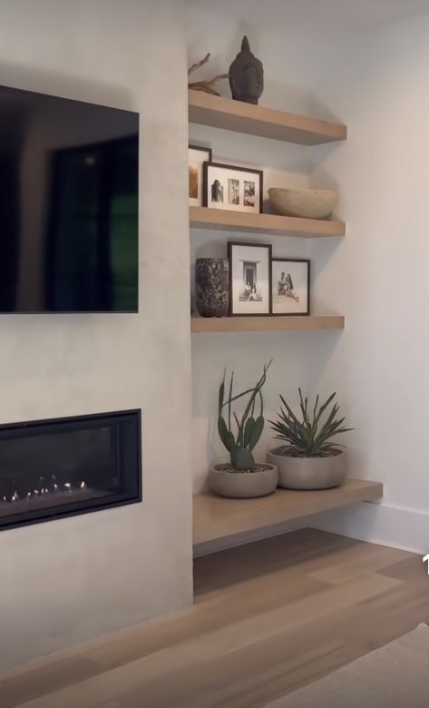 Floating Shelves With Metal Frame, Floating Shelves Living Room Alcove, Living Room Recessed Wall, Nordic Living Room With Fireplace, Recessed Shelves Dining Room, Floating Shelves Alcove, Inside Wall Shelves, Floating Shelves Living Room Fireplace, Floating Shelves Fireplace Surround