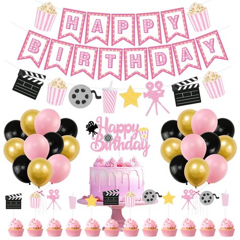 PRICES MAY VARY. MOVIE THEME BIRTHDAY PARTY DECORATION:Happy Birthday banner*2,Movie Night Theme banner*1,Happy Birthday cake topper*1(big ),Popcorn and Ice drink cake toppers*12(small),10 in 30pcs latex balloons(Macaron pink,Black and Gold).reat Party Decoration for Movie Night or any Movie Theme Party. CUTE DESIGNED:The happy birthday banner is self-designed by our designer,cute designed makes your party scene more attractive, it includes various movie patterns, like rolls, camera and popcorn, Movie Theater Decorations, Movie Theme Party Decorations, Movie Theater Birthday Party, Birthday Party Movie Night, Movie Night Birthday Party Ideas, Movie Birthday Theme, Movie Theatre Birthday Party, Movie Night Party Decorations, Movie Birthday Party Ideas