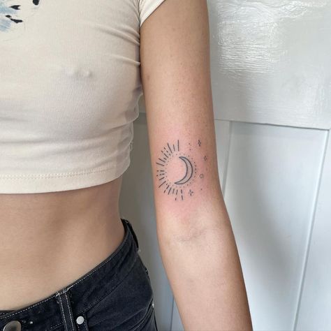 Hand Poked Moon Tattoo, Stick N Poke Tattoo, Hand Poked Tattoo, Hand Poke, Stick And Poke, Moon Tattoo, Sun Moon, Infinity Tattoo, Tattoo Ideas