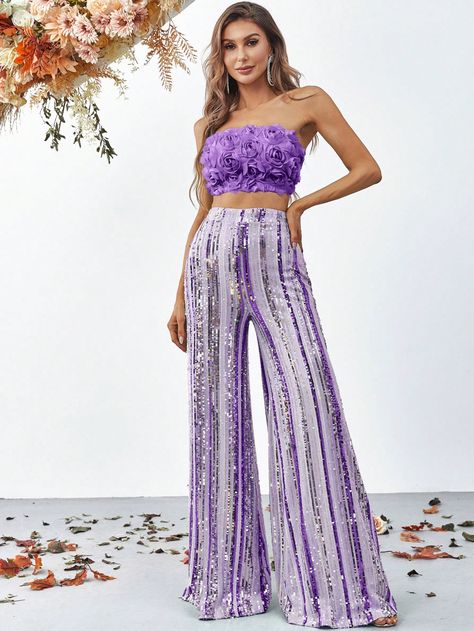 Crop Tube Top & Contrast Sequin Wide Leg PantsI discovered amazing products on SHEIN.com, come check them out! Flower Tube Top, Bach Themes, Sequin Wide Leg Pants, Mode Purple, Crop Tube Top, Trendy Outfits Indian, Indian Dresses Traditional, Party Wear Indian Dresses, Indian Wedding Outfits