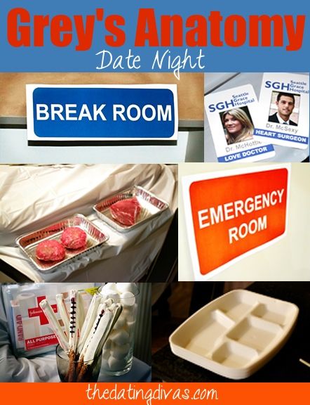 "Grey's Anatomy" Date Night based on the popular TV show. Check out ALL of the fun details one of our readers put into this! Greys Anatomy Drinking Game, Greys Anatomy Ra Board, Greys Anatomy Party Ideas, Greys Anatomy Room Decor, Greys Anatomy Party, Themed Date Night, Date Ideas Romantic, Creative Date Ideas, Medical Party