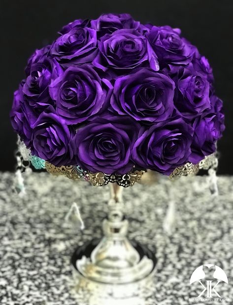 "PURPLE Rose Arrangement with PREMIUM Real Touch Silk Roses. PICK ROSE COLOR! 12\" Size Pictured SILVER STAND WITH CRYSTALS SOLD SEPARATELY : https://www.etsy.com/listing/739890999/silver-cake-stand-with-crystals-silver?ref=shop_home_active_33&frs=1 These beautiful roses have a real feel and look to them. Why spend thousands on real roses that are thrown away after your wedding or event? Display these as your wedding centerpiece and keep them to use as home decor or for special events and pa Quinceanera Purple, Royal Blue Centerpieces, Purple Quinceanera Theme, Purple Centerpiece, Burgundy Wedding Centerpieces, Blush Centerpiece, Purple Quinceanera, Purple And Silver Wedding, Purple Centerpieces