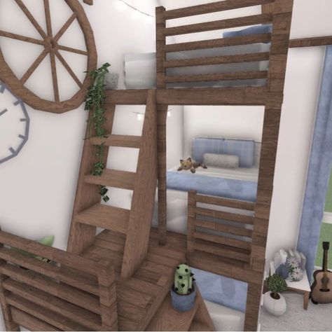 Farmhouse Decor Bloxburg, Bloxburg Bunk Bed, Beach House Ideas Bloxburg, Bloxburg Beach House Interior, Beach Bloxburg, Bloxburg Farmhouse Ideas, Beach House Stairs, Bunk Bed Bedroom, Apartment Loft Ideas