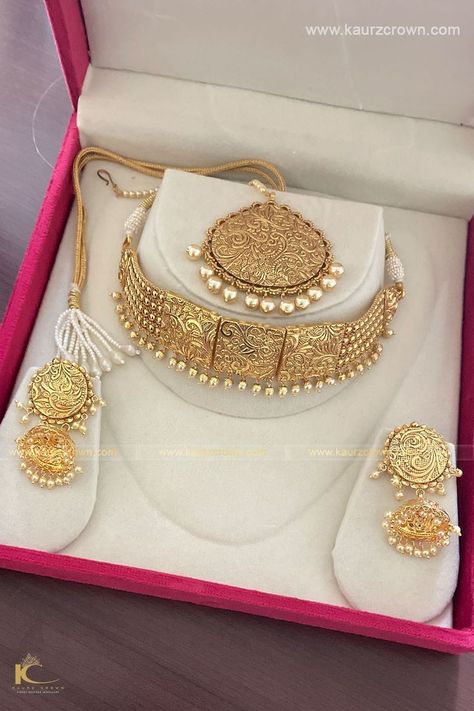 Gold Sets Jewelry Pakistani Design, Silver Jewellery Gold Plated, Gold Simple Set Design, Indian Antique Jewellery Gold, Gold Set Chokar Design, Golden Set Design, Gold Jwellary For Bride, Gold Choker Set Designs, Punjabi Gold Jewellery Set Traditional