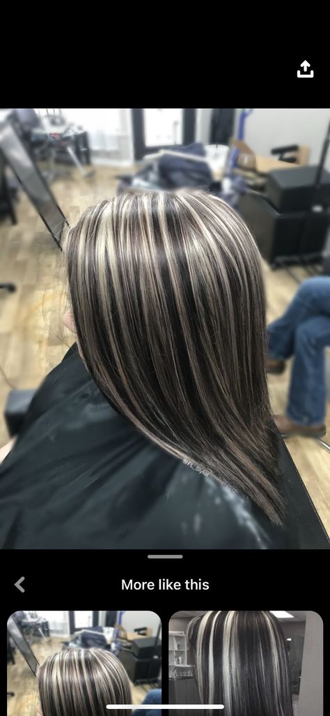 Platinum Blonde Hair With Black Lowlights, Platinum Highlights On Dark Hair Brown, Black And Blond Highlights, Blind Highlights On Dark Hair, Chunky Ash Blonde Highlights, High Contrast Highlights And Lowlights, Black With Platinum Highlights, Black Hair Platinum Highlights, Platinum Highlights On Black Hair