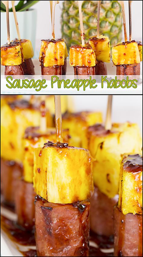 Sausage & Pineapple Appetizer Kabobs  www.joyineveryseason.com Sides For Kabobs Parties, Ham And Pineapple Appetizers, Sausage Pineapple Kabobs, Sausage Pineapple Appetizer, Mini Kabobs, Appetizer Kabobs, Sausage Pineapple, Grilled Fruit Dessert, Pineapple Appetizers