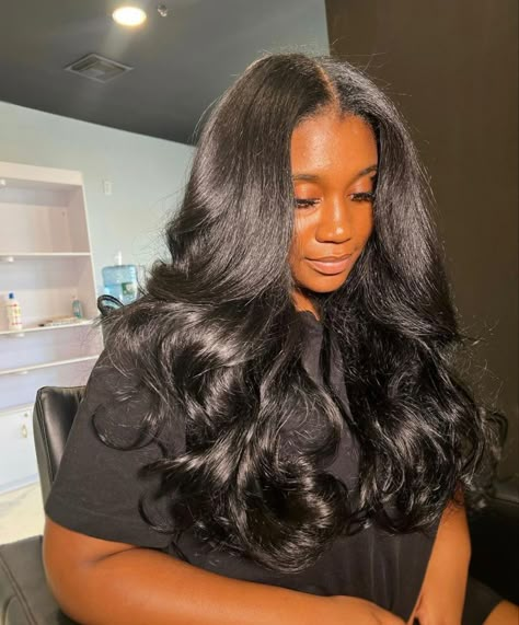 Blowout Hairstyles Black Women Long Hair, Loose Curls Long Hair Black Women, Silk Press Curled Ends, Middle Part Tape Ins, Sew In Blowout, Traditional Sew In With Leave Out Curly, Curled Sew In, Blowout Sew In, Middle Part Sew In With Layers