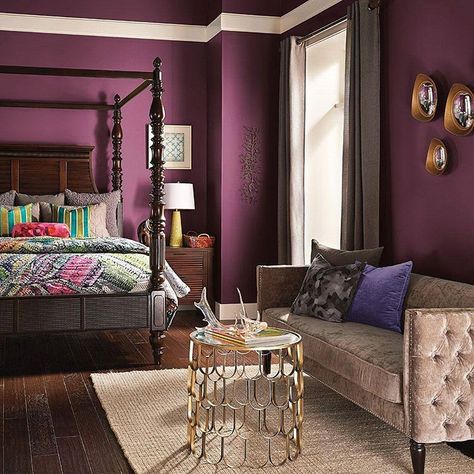 Interior Design Ideas Benjamin Moore Plum 2074-20 Purple Walls With Dark Wood Trim, Dark Purple Master Bedrooms Decor, Purple Master Bed, Aubergine Bedroom Ideas, Plum Walls Bedroom, Bedroom Paint Colors Dark, Purple Wall Room Ideas, Purple Walls Bedroom Ideas, Dark Purple Bedroom Walls