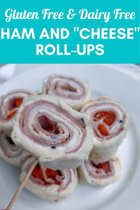 Ham and "Cheese" Roll-ups. A gluten free & dairy free appetizer made with gluten free wraps and dairy free cream cheese. Gluten Free Beach Food, Gluten And Dairy Free Snacks, Ham Pinwheels, Ham Roll Ups, Cheese Roll Ups, Ham And Cheese Roll Ups, Gluten Free Ham, Gluten Free Meat, Ham And Cheese Pinwheels