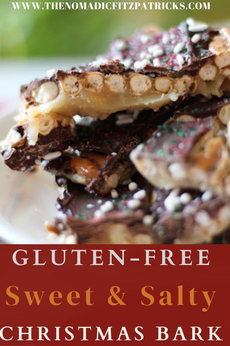 Christmas Bark Gluten Free, Gluten Free Bark Recipes, Gluten Free Pretzel Dessert, Gluten Free Candy Recipes, Bark With Pretzels, Gluten Free Christmas Baking, Gluten Free Finger Foods, Pretzel Bark Recipes, Gluten Free Christmas Treats