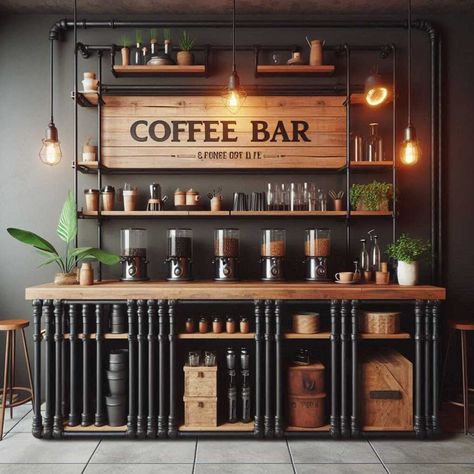 20+ Coffee Bar Ideas for Home You'll Love » HomeDecorFull Coffee Bar Ideas Outdoor, Diy Coffee And Liquor Bar, Coffee Bar Lights, Coffee Bar With Refrigerator Ideas, Industrial Coffee Bar Ideas, Coffee Bar Ideas Rustic, Coffee And Liquor Bar Ideas, Ideas For Coffee Bar, Coffee Bar Ideas For Home