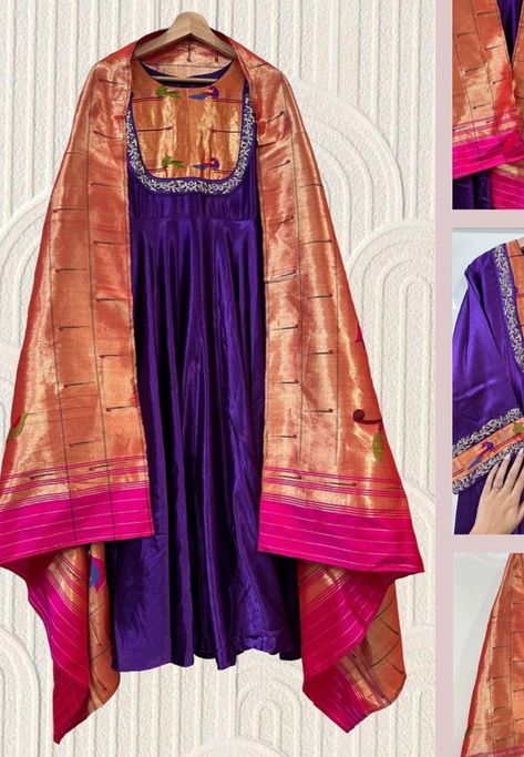 Half Saree Chunni Designs, Paithani Dupatta Dress, Paithani Anarkali Dress, Paithani Kurti Design, Tissue Anarkali Dress, Jewellery With Saree, Bandhani Anarkali, Paithani Dress, Kurti With Jeans