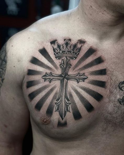 Cross With Halo Tattoo, Easton Tattoo, Cross With Crown Tattoo, Chest Cross Tattoo, Cross And Crown Tattoo, Halo Tattoo, Religious Tattoos, Chest Tattoo Men, Cool Tattoos For Guys