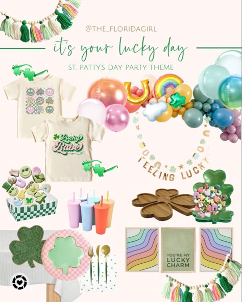 Rainbow shamrock party theme st Patrick’s day at patty’s day balloons gifts t-shirt garland tableware St Patrick's Birthday Party Ideas, Kids St Patricks Day Party, Lucky Themed Party, St Patricks Party, Lucky Charms Birthday Party, Lucky Charms Party, Lucky Charm Party Theme, Lucky Birthday Theme, Lucky Charm Birthday