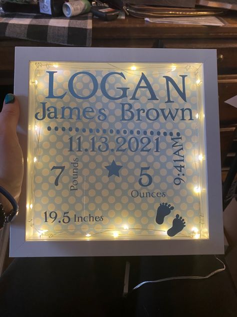 Made this light up shadow box for a new baby boy gift. Shadow Box For Baby Boy, Baby Boy Shadow Box Ideas, Boy Shadow, Baby Shadow Box, Name Boxes, Lantern Ideas, Baby Boy Gift, Wire Lights, New Baby Boys