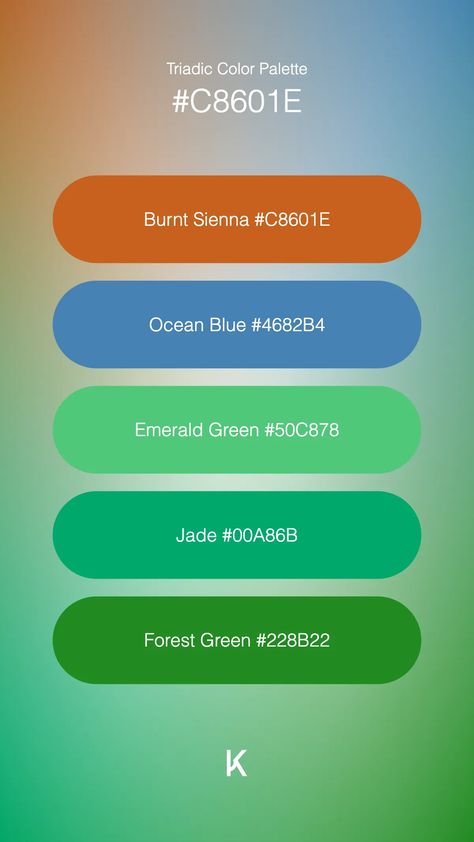 Triadic Color Palette Burnt Sienna #C8601E · Ocean Blue #4682B4 · Emerald Green #50C878 · Jade #00A86B · Forest Green #228B22 Hex Color Palette, Clay Color, Burnt Sienna, Hex Colors, Orange Brown, Ocean Blue, Unique Colors, Blue Ocean, Forest Green