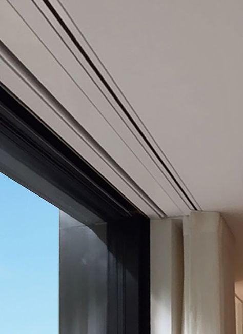 Recessed Curtain Tracks, Flush Curtain Track, Recessed Drapery Track, Modern Window Curtains Living Room, Recessed Curtain Track Detail, Recessed Curtains, Recessed Blinds, Hidden Curtain Track, Recessed Curtain Track