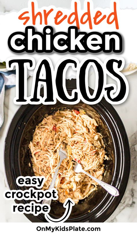 Overhead looking in a crockpot full of shredded chicken and two forks. Crock Pot Shredded Chicken Tacos, Shredded Chicken For Tacos, Crockpot Shredded Chicken Tacos, Chicken For Tacos, Frozen Chicken Crockpot, Crockpot Shredded Chicken, Easy Tacos, Crockpot Mexican Chicken, Shredded Chicken Crockpot