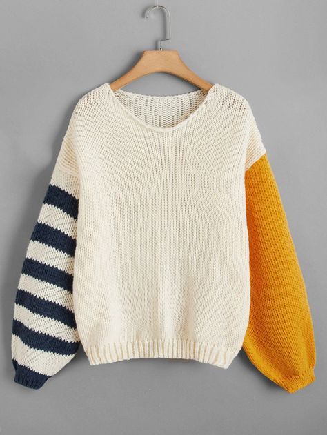 Knitted Sweaters Color Block, Sweater With Different Color Sleeves, Colorblock Knit Sweater, Color Block Knit Sweater, Two Color Crochet Sweater, Drop Shoulder Sweater Knitting Pattern, Crochet Colorblock Sweater, Color Block Sweater Knitting Pattern, Knit Two Colors