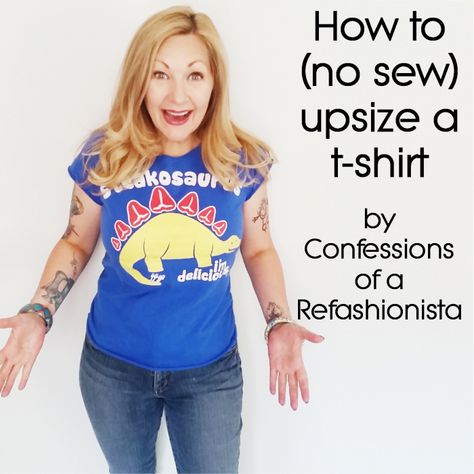 Upsizing Tutorials Archives ~ Page 4 of 5 ~ Confessions of a Refashionista Boxy Tshirt Refashion, Enlarge Tshirt Diy, No Sew Tee Shirt Hacks, Fun Graphic Tees For Women, Tshirt Too Small Refashion, How To Make A T Shirt Bigger, Make A Tshirt Larger, Make T Shirt Bigger, Cut Big Tshirt Ideas