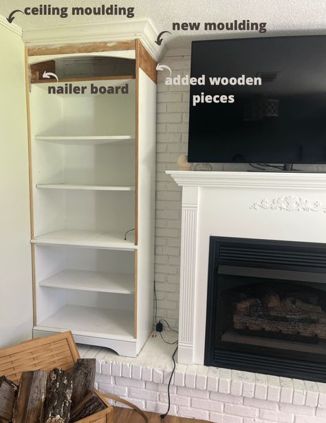 Faux Fireplace Built Ins, Diy Built In Bookcase Fireplace, Bookcase Next To Fireplace, Built In Bookshelves Around Fireplace, Built Ins Around Fireplace, Fireplace Built Ins Diy, Shelves Around Fireplace, Bookshelves Around Fireplace, Off Center Fireplace