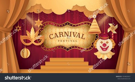 Premium Gold Curtains stage with Circus Frame Border, Cloud and Hanging Carnival Mask, Happy Clown, Party hat, Pinwheel, ball, Fun Fair, Day Scene festival,Theme Theater, Paper art vector illustration #Ad , #ad, #Carnival#Hanging#Cloud#Mask Cloud Mask, Hanging Cloud, Circus Wallpaper, Happy Clown, Fair Day, Hanging Clouds, Carnival Art, Art Vector Illustration, Clown Party