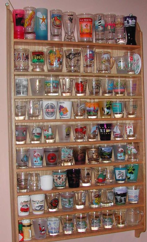 Shot Glass Wall, Shot Glass Shelf, Tumbler Display, Glasses Shelf, Shots Glasses, Cool Shot Glasses, Shot Glass Collection, Shot Glass Display, Shot Glasses Display