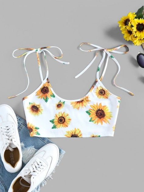 Sunflower Outfit, Crop Tops Shirts, Pullover Vest, Crop Cami Top, Tank Top Women, Printed Sleeveless Blouse, Trendy Fashion Tops, Sunflower Pattern, Cute Tank Tops