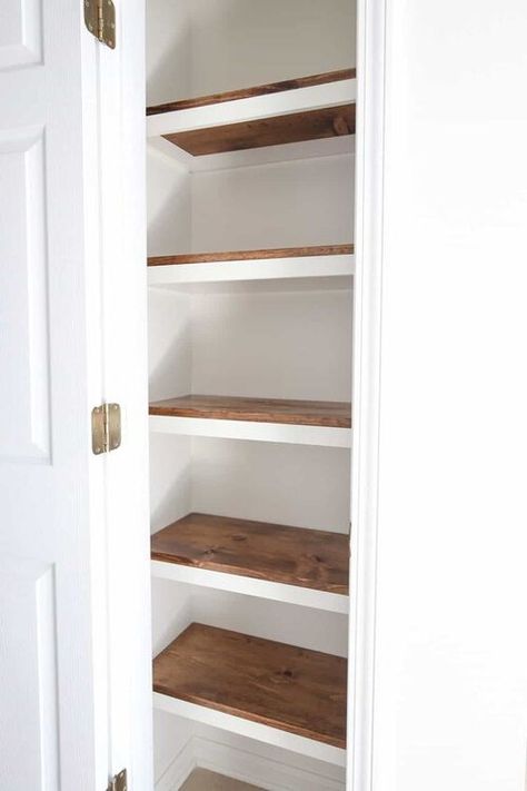 From Builder Grade to Custom Made — 20 DIY Projects You Can Tackle While Staying At Home — Kayla Simone Home Small Pantry Wood Shelving Ideas, Make A Pantry Out Of A Closet, Small Kitchen Pantry Shelving Ideas, Hall Closet Shelves, Small Pantry Design Layout, Small Closet Shelving Ideas, Build Pantry, Pantry Light, Build Closet