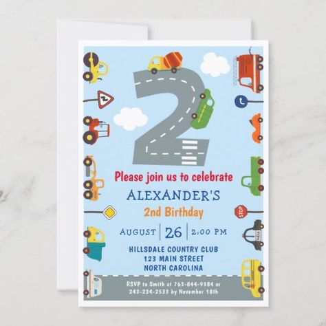 Transportations 2nd Birthday Party Invitation for $2.80 - Birthday Invitations Transportation 2nd Birthday, Cars Birthday Invitations, 4th Birthday Party, 80th Birthday Invitations, 3rd Birthday Party, 2nd Birthday Party, 2nd Birthday Invitations, Kids Birthday Party Invitations, Boy Birthday Invitations