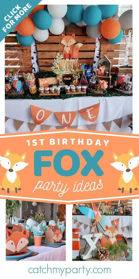 Foxy Birthday Party, Fox Party Food, Fox Birthday Theme, Fox Party Decorations, Fox Themed Birthday Party, Fox Birthday Party Activities, Fox Party Ideas, Fox Themed Birthday Party Boys, Fox Birthday Party Boys