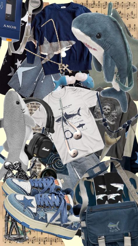 #shark #sharkinspired #skater #skateboard #y2k #denim #jeans #vintage #coraline #shoes #retro #cross #headphones Shark Core Outfits, Shark Themed Outfit, Coraline Shoes, Shark Core, Shark Skateboard, Skateboard Y2k, Shark Clothes, Shark Outfit, Shark Shoes