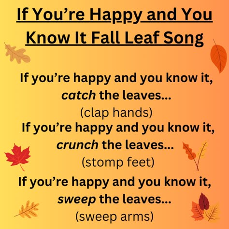 Songs About Fall For Preschoolers, Fall Leaf Songs Preschool, Autumn Songs For Toddlers, Tree Songs Preschool, Fall Books For Toddlers, Fall Transitions For Preschool, Fall Weather Activities For Toddlers, Songs About Leaves For Preschool, Fall Song Preschool